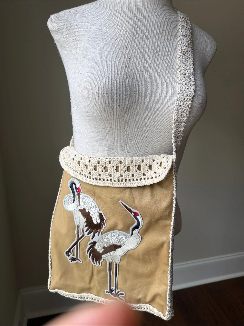 Hand Crafted Tan and Cream Crane Embroidered Shoulder Bag